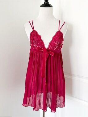 Victoria's Secret Deep Pink Embellished Chiffon Babydoll Chemise Slip Dress - M